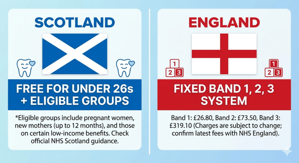Free dental care Scotland vs England NHS system comparison 2026